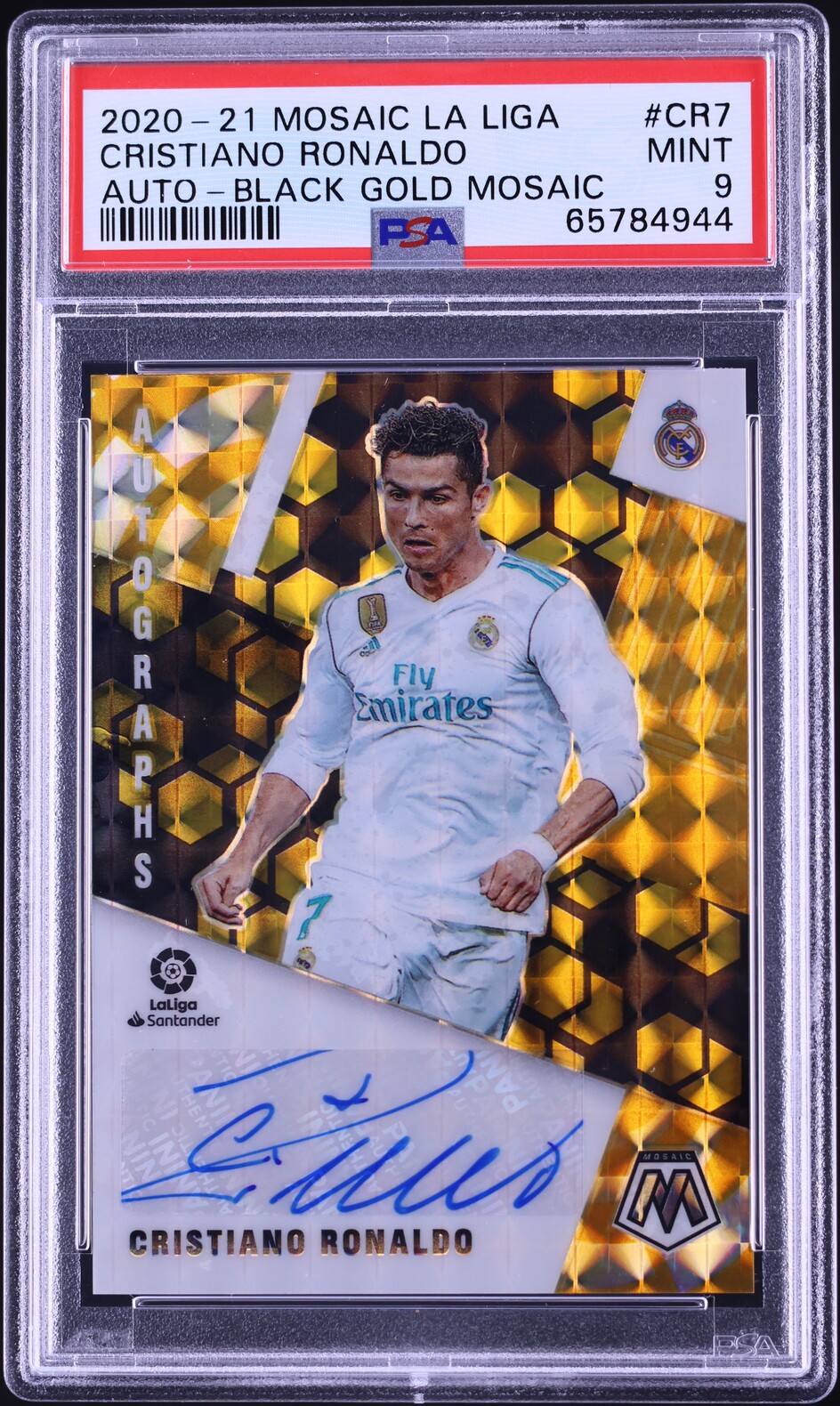 2020 Panini Mosaic La Liga Black Gold Prizm Cristiano Ronaldo AUTO 5/5 PSA 9