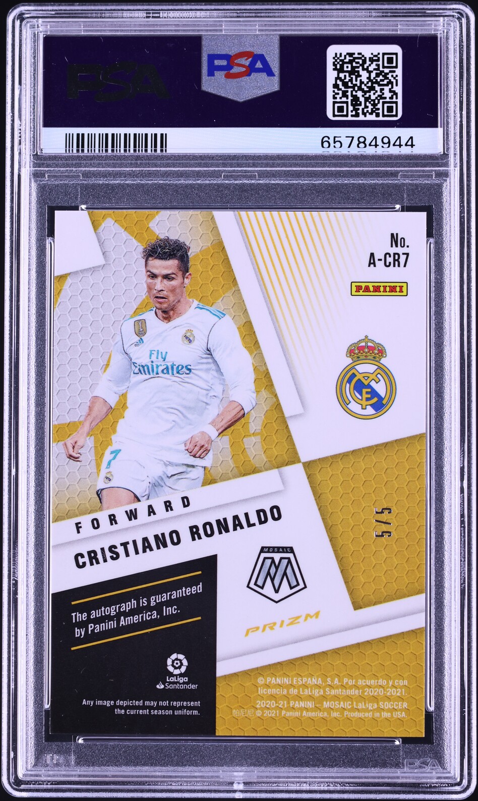 2020 Panini Mosaic La Liga Black Gold Prizm Cristiano Ronaldo AUTO 5/5 PSA 9