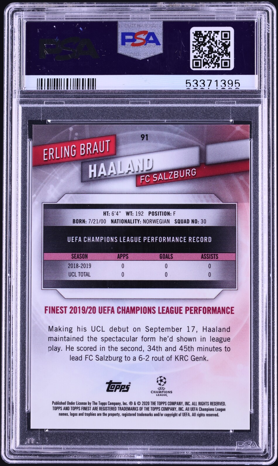 2019 Finest UEFA Gold Refractor Erling Haaland ROOKIE /50 #91 PSA