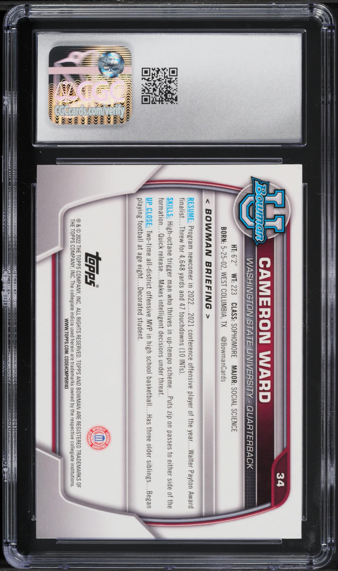 2022 Bowman Chrome University Cameron Ward ROOKIE #34 CGC 9 MINT