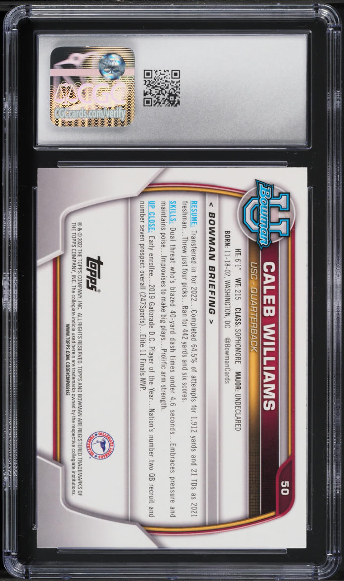 2022 Bowman Chrome University Caleb Williams ROOKIE #50 CGC 8.5 NM-MT+