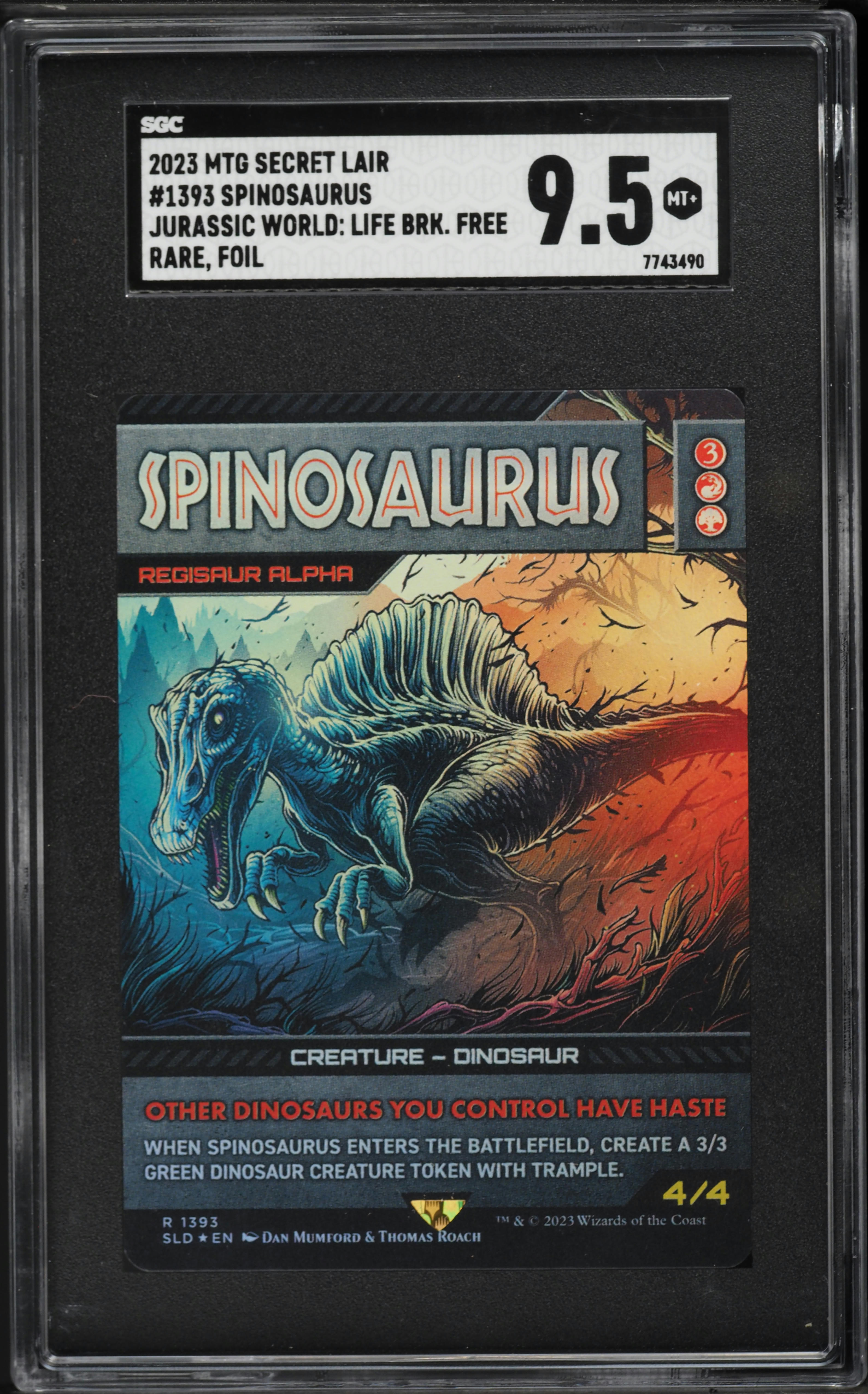 2023 MTG Secret Lair Jurassic World Life Breaks Free Foil Spinosaurus SGC  9.5 on Fanatics Collect, image size:3177x5102