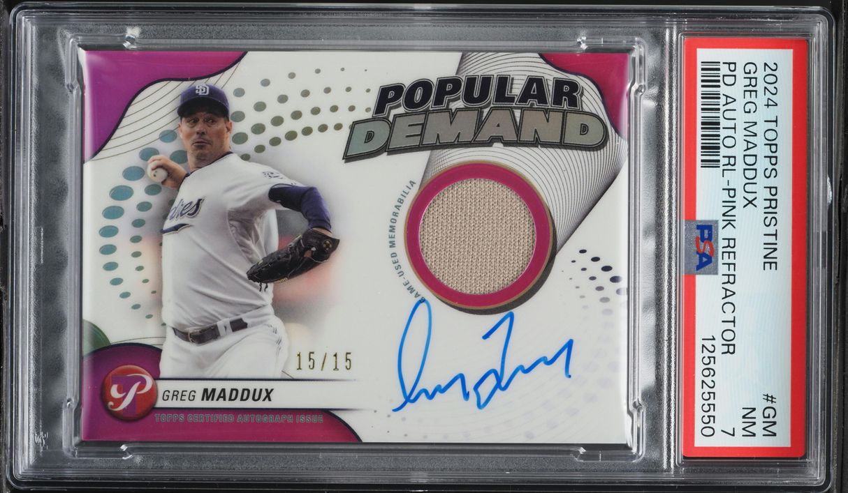 2024 Topps Pristine Popular Demand Pink Ref Greg Maddux PATCH AUTO 15/15 PSA 7