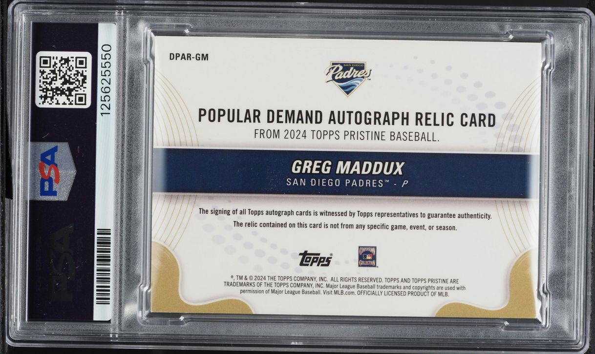 2024 Topps Pristine Popular Demand Pink Ref Greg Maddux PATCH AUTO 15/15 PSA 7