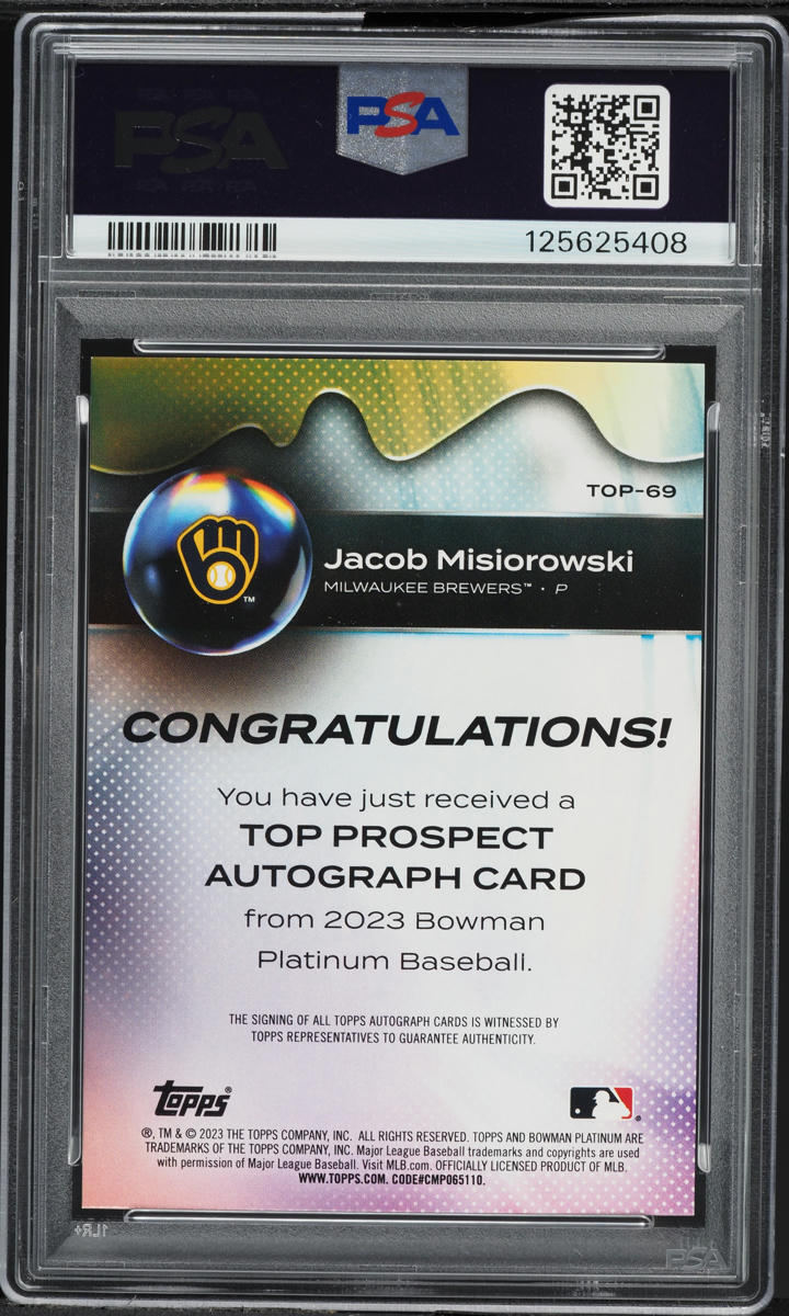 2023 Bowman Platinum Top Jacob Misiorowski PROSPECT AUTO #TOP69 PSA 9 MINT