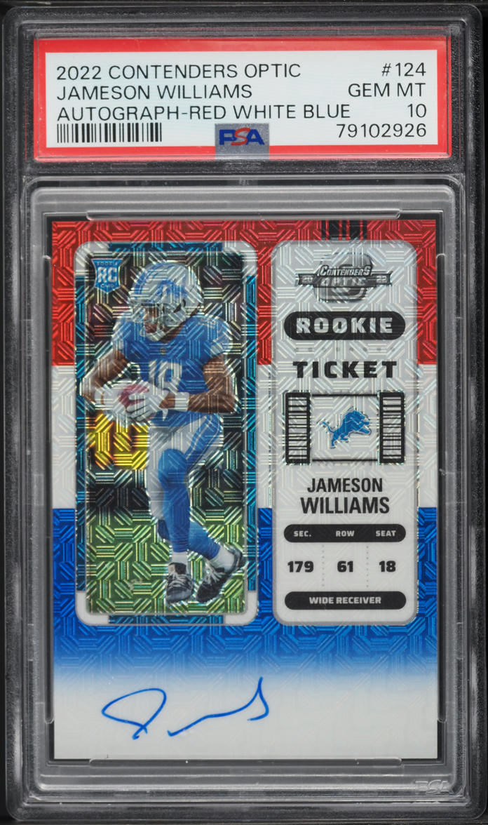 2022 Panini Contenders Optic Red White Blue Jameson Williams ROOKIE AUTO /13 #124 PSA 10 GEM