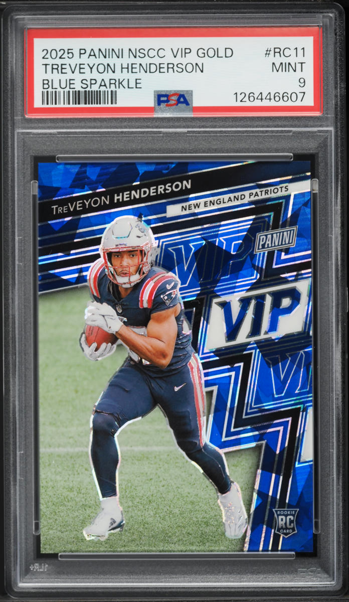 2025 Panini National VIP Gold Blue Sparkle Treveyon Henderson RC /75 #RC11 PSA 9