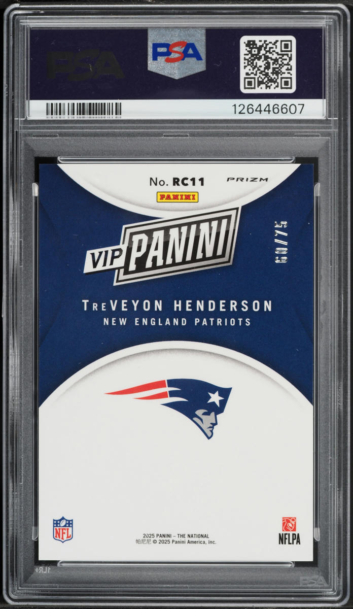 2025 Panini National VIP Gold Blue Sparkle Treveyon Henderson RC /75 #RC11 PSA 9
