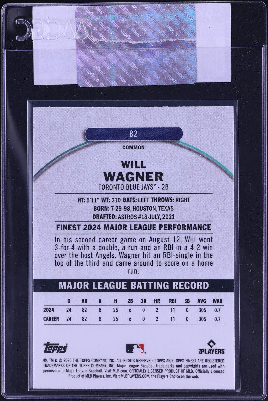2025 Finest Will Wagner ROOKIE #82 CGC AUTH