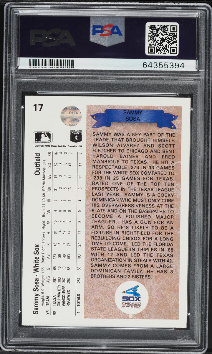 1990 Upper Deck Sammy Sosa ROOKIE #17 PSA 10 GEM MINT