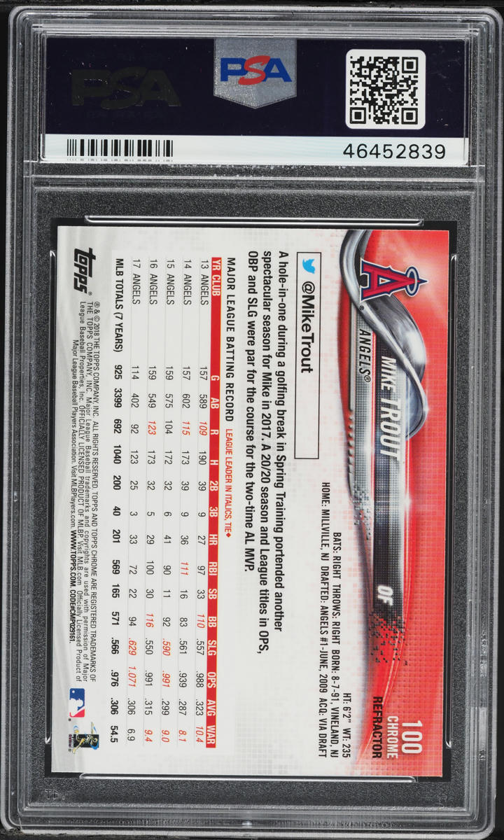2018 Topps Chrome Batting Refractor Mike Trout #100 PSA 10 GEM MINT