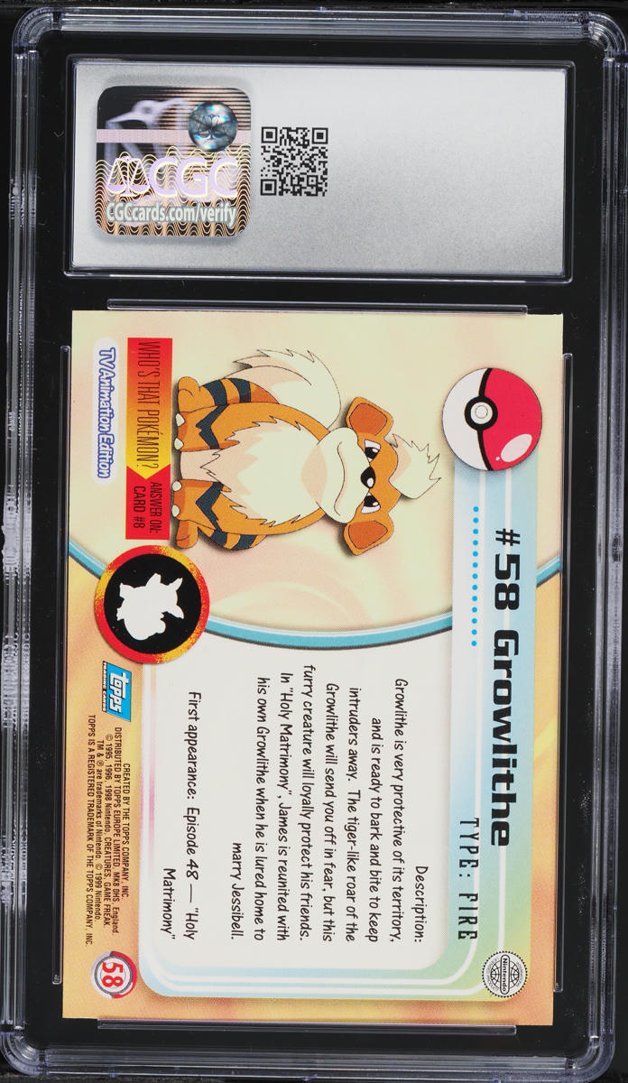 1999 Topps Pokemon Series 1 First Print UK Edition Growlithe #58 CGC 8.5 NM-MT+ on Fanatics Collect 1999 Topps Pokemon Series 1 First Print UK Edition Growlithe #58 CGC 8.5 NM-MT+ on Fanatics Collect