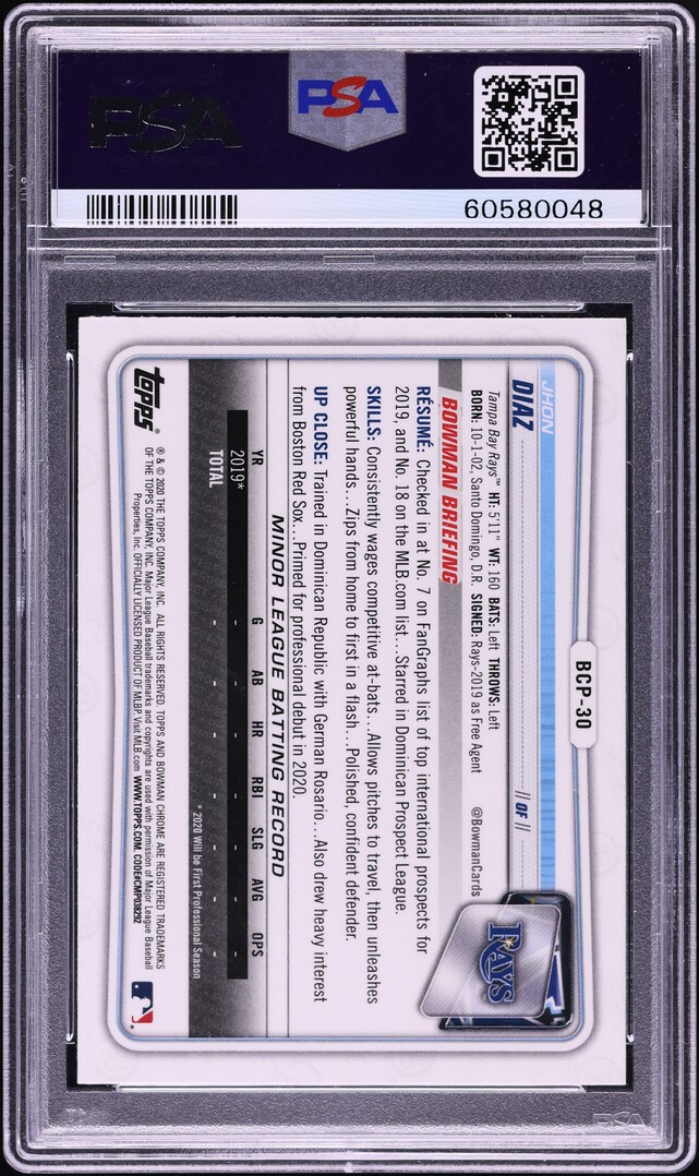 2020 Bowman Chrome Jhon Diaz PROSPECT #BCP-30 PSA 10 GEM MINT