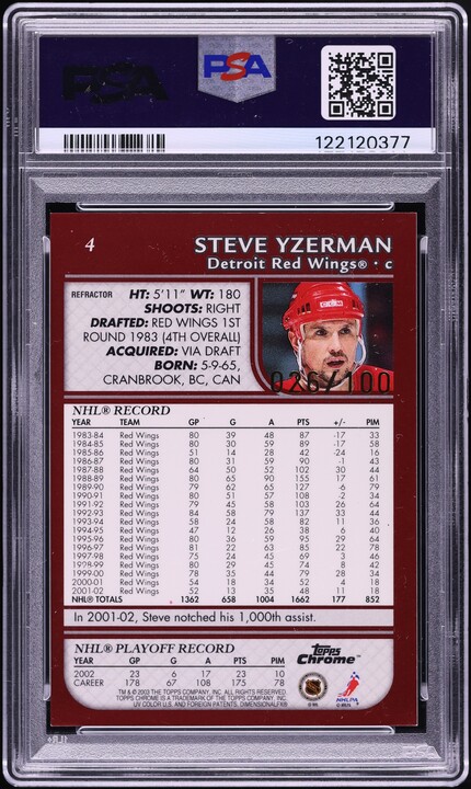 2002 Topps Chrome Black Refractor Steve Yzerman /100 #4 PSA 8 NM