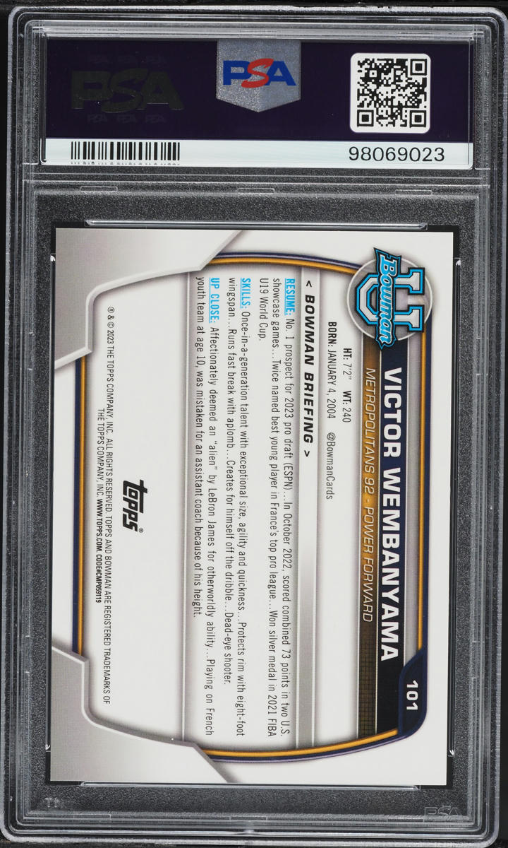 2022 Bowman University Victor Wembanyama ROOKIE #101 PSA 10 GEM MINT
