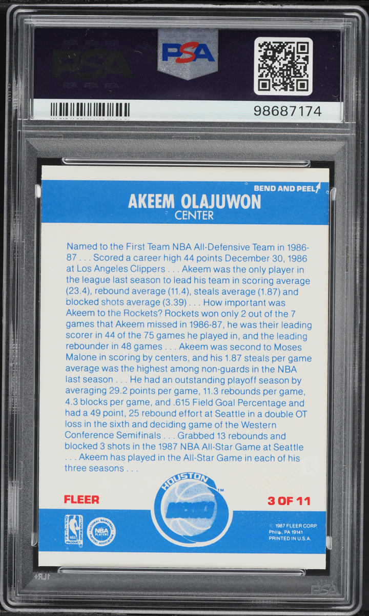 1987 Fleer Sticker Hakeem Olajuwon #3 PSA 8 NM-MT