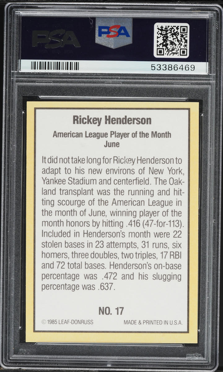 1985 Donruss Highlights Rickey Henderson #17 PSA 10 GEM MINT