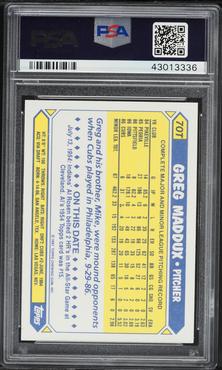 1987 Topps Traded Greg Maddux ROOKIE #70T PSA 10 GEM MINT