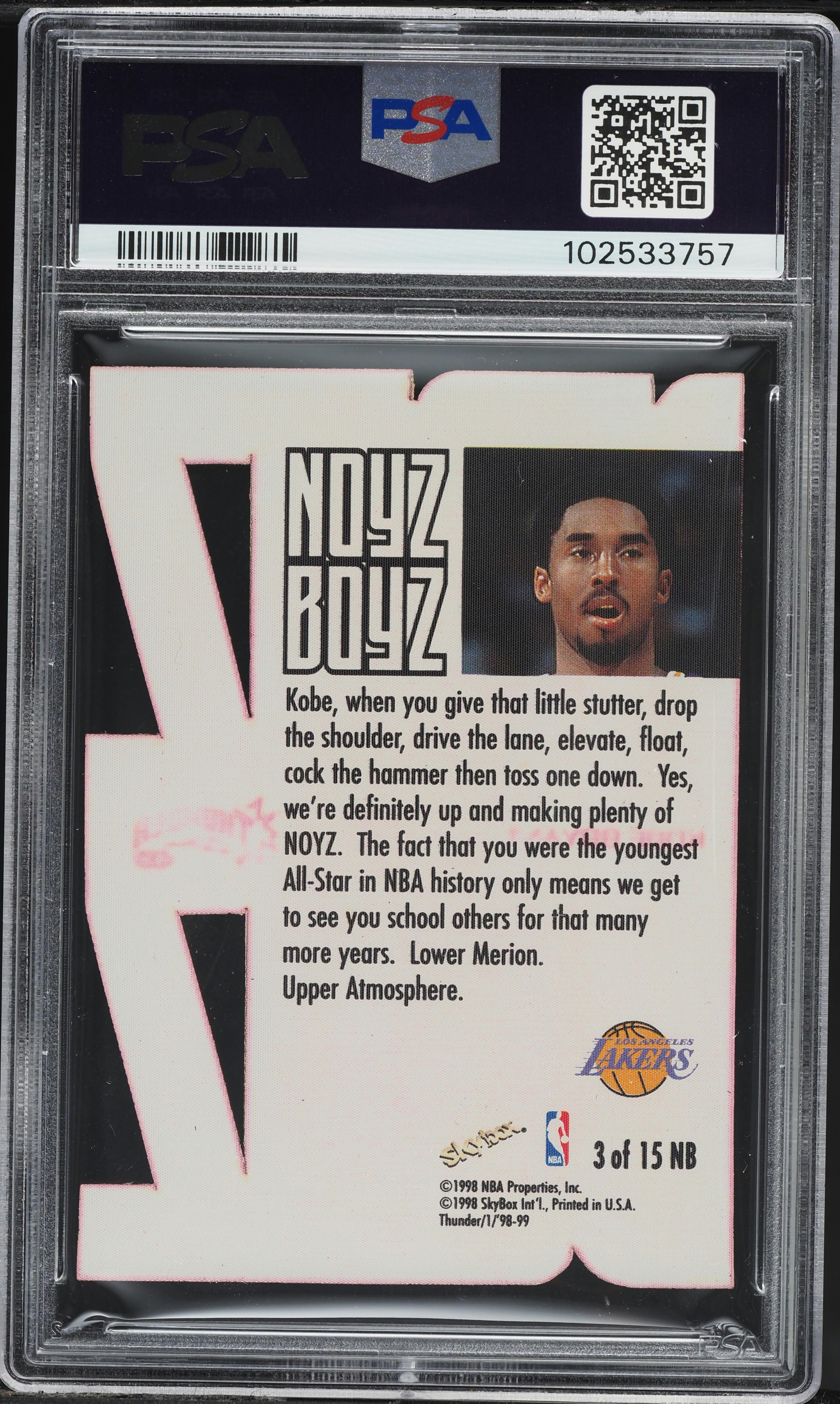1998 Skybox Thunder Noyz Boyz Die-Cut Kobe Bryant #3 PSA 7 NRMT on