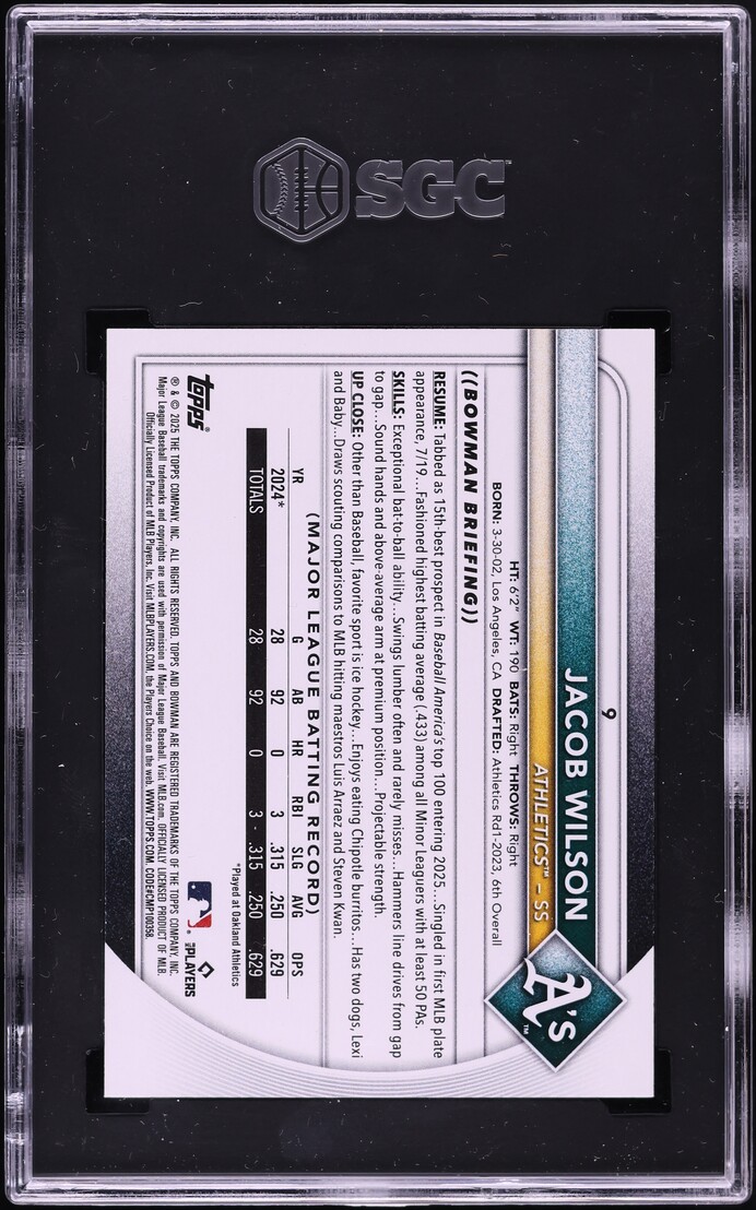 2025 Bowman Jacob Wilson ROOKIE #9 SGC 9.5 MINT+
