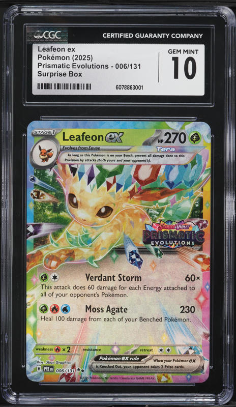2025 Pokemon SV Prismatic Evolutions Surprise Box Leafeon ex #6 CGC 10 GEM MINT