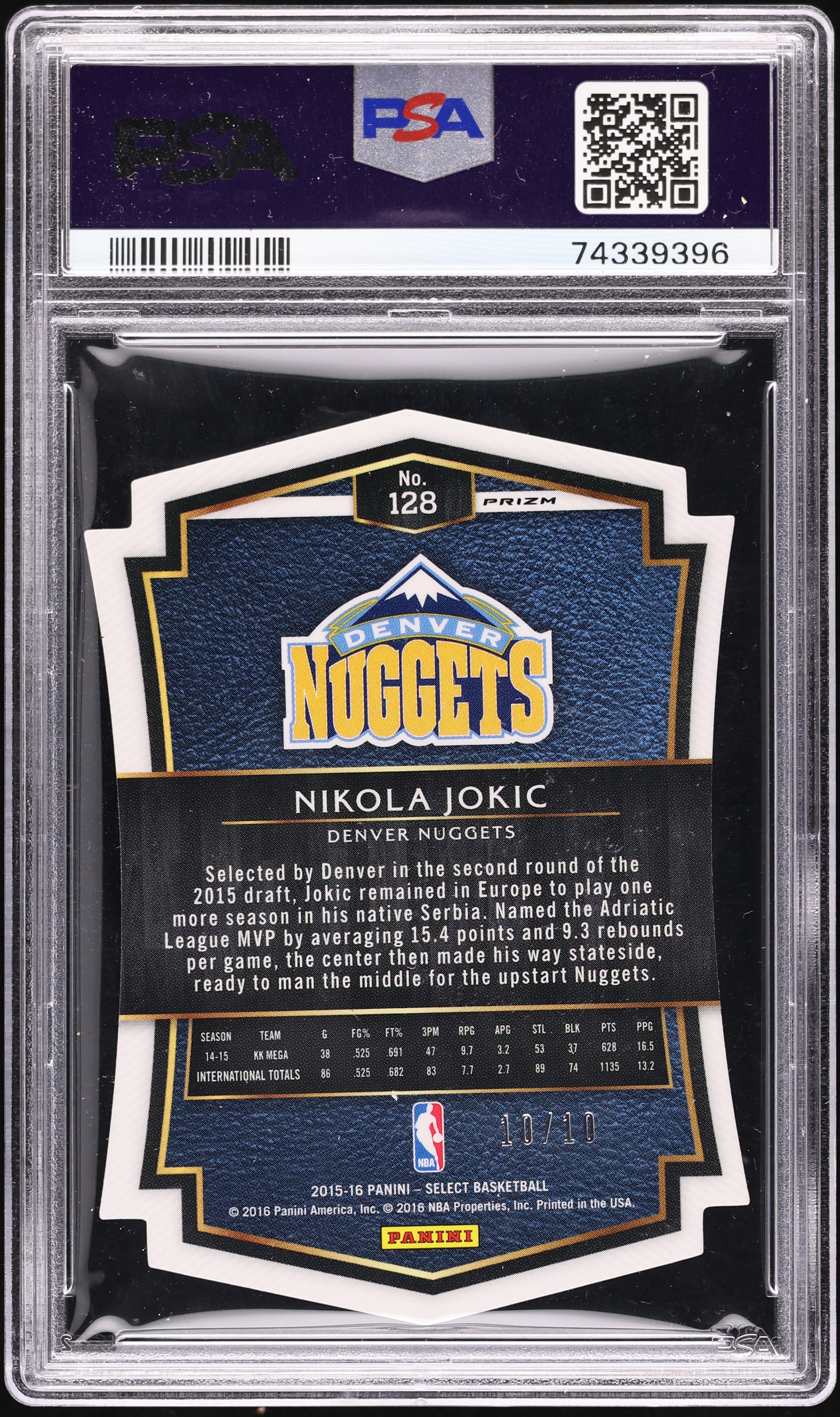 2015 Select Gold Prizm Die-Cut Nikola Jokic ROOKIE 10/10 #128 PSA