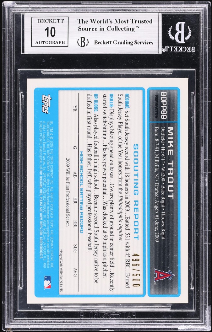 2009 Bowman Chrome Refractor Mike Trout PROSPECT AUTO /500 #BDPP89 BGS 9 MINT