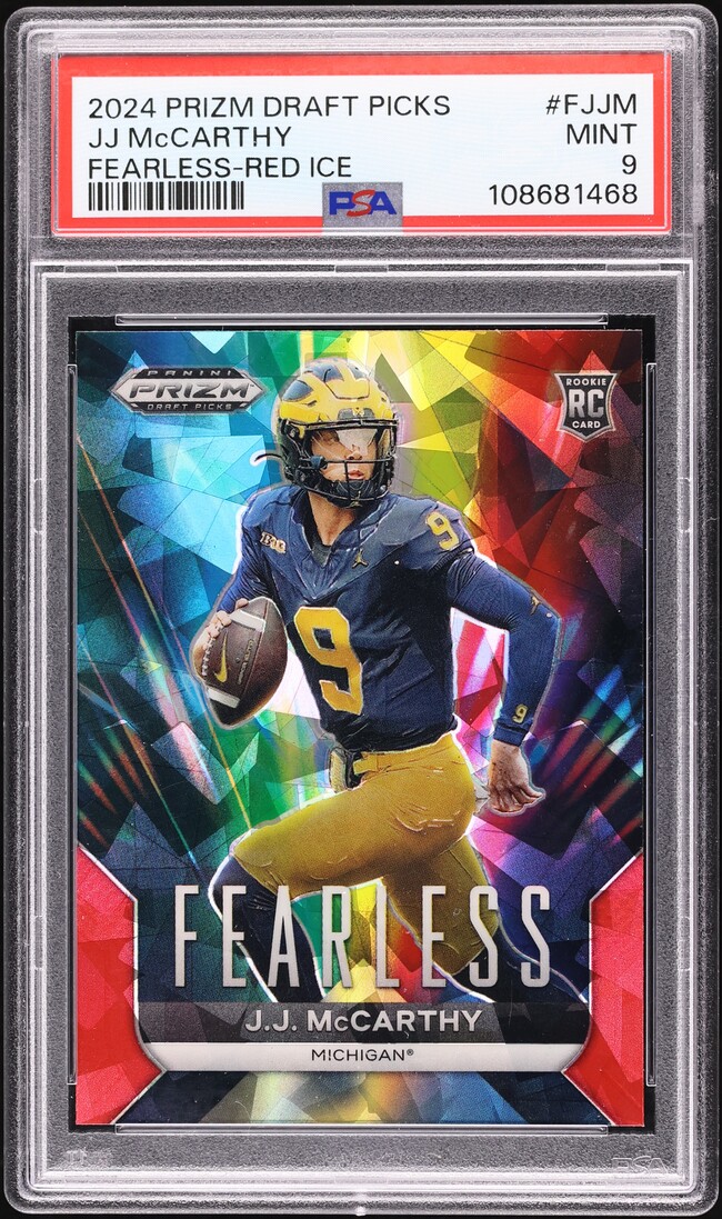 2024 Panini Prizm Draft Picks Fearless Red Ice J.J. McCarthy ROOKIE #F-JJM PSA 9