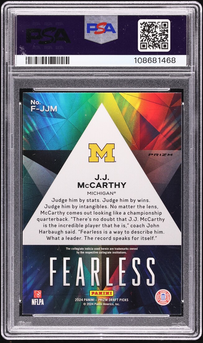 2024 Panini Prizm Draft Picks Fearless Red Ice J.J. McCarthy ROOKIE #F-JJM PSA 9