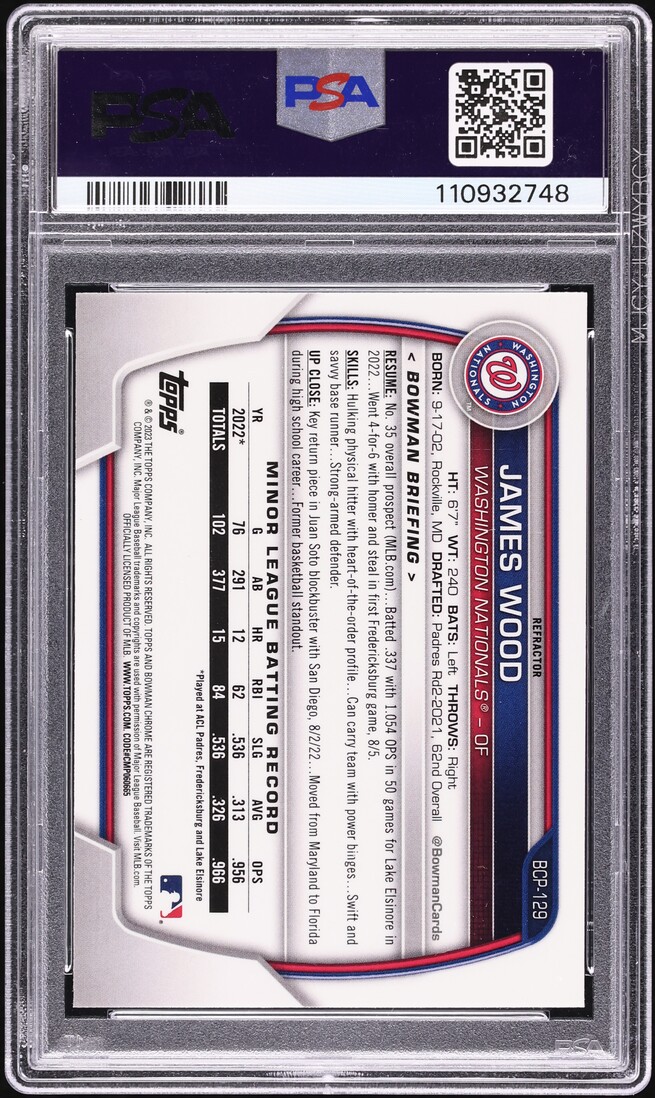 2023 Bowman Chrome Lunar Glow Refractor James Wood PROSPECT #BCP-129 PSA 8 NM-MT