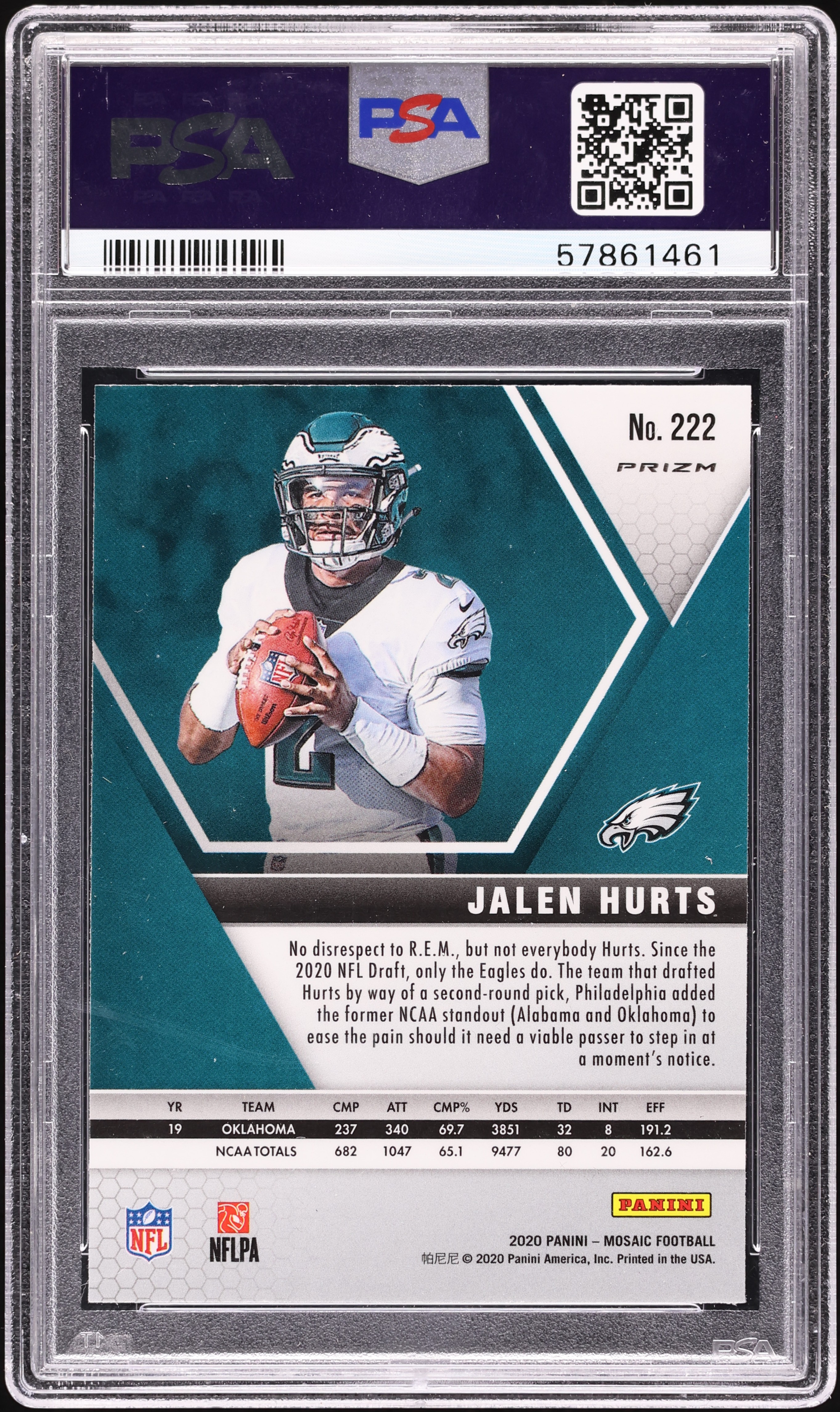 2020 Panini Mosaic Reactive Orange Jalen Hurts ROOKIE #222 PSA 9