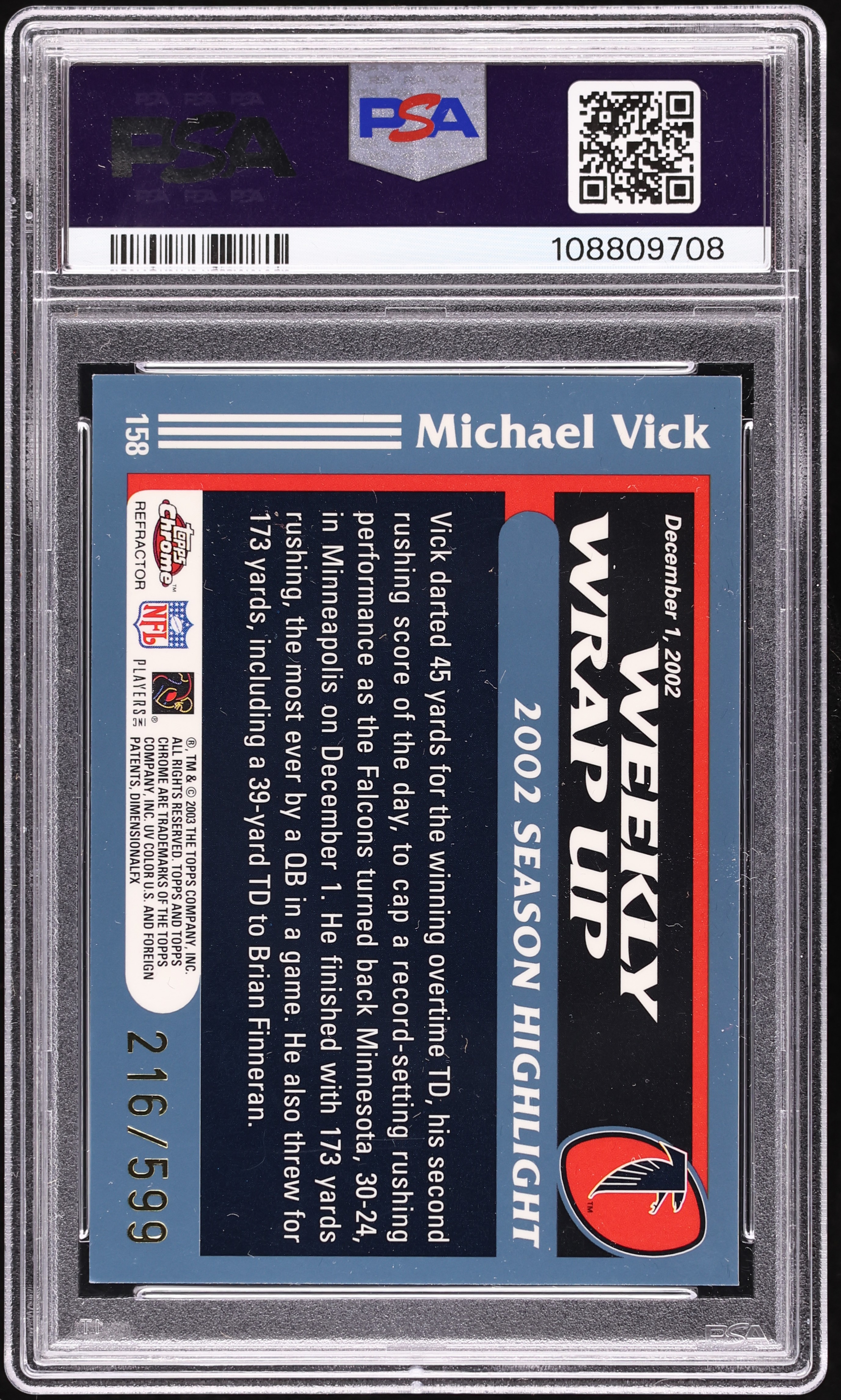 2003 Topps Chrome Black Refractor Michael Vick /599 #158 PSA 9