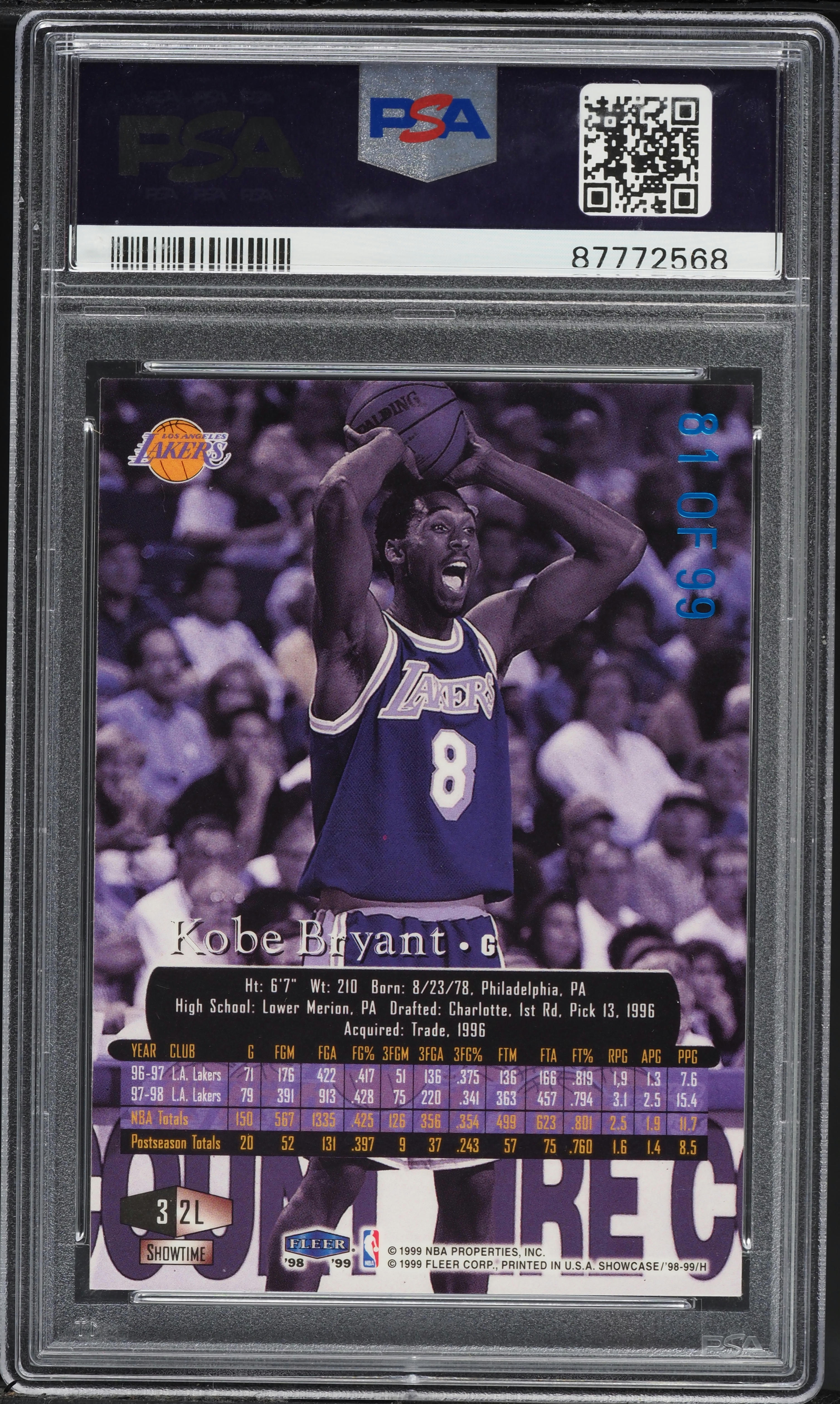 1998 Flair Showcase Legacy Collection Row 3 Kobe Bryant /99 #2L