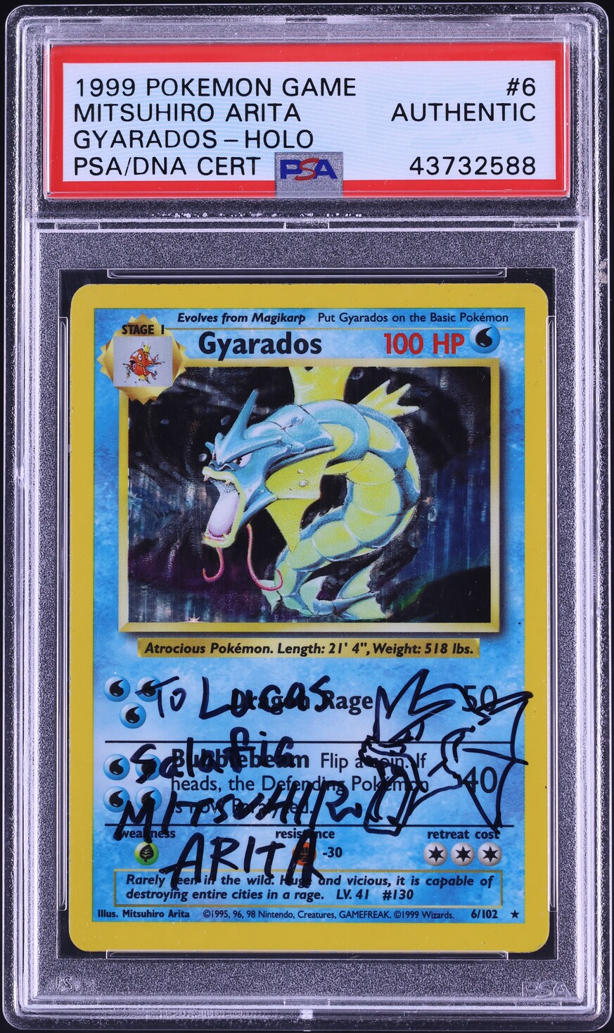 1999 Pokemon Base Set Holo Gyarados Mitsuhiro Arita AUTO #6 PSA
