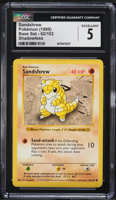 1999 Pokemon Base Set Shadowless Sandshrew #62 CGC 5 EX