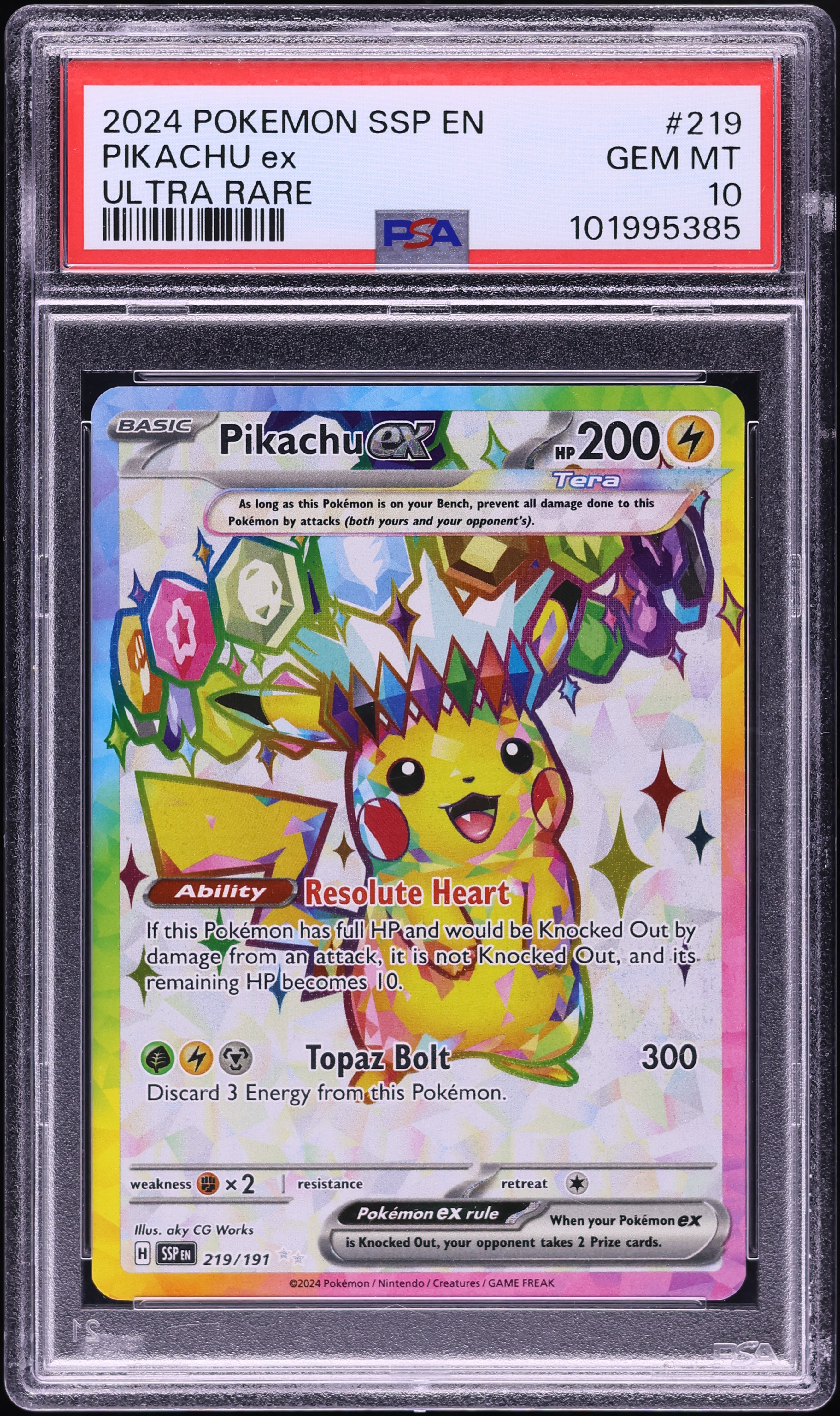 2024 Pokemon SV Surging Sparks Full Art Pikachu ex #219 PSA 10 GEM