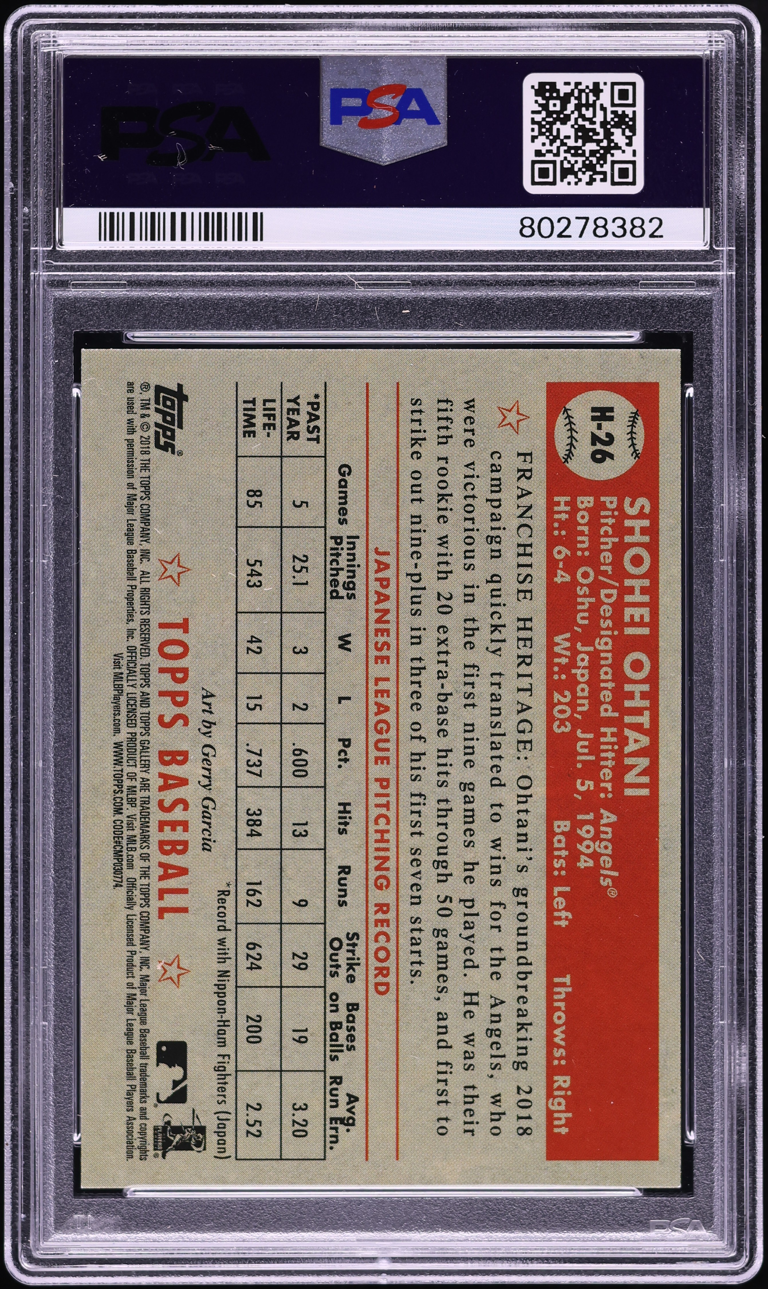 パリーパリー　斑入り　US株　希少株 2018 Topps Gallery Heritage Shohei Ohtani ROOKIE #H-26 PSA 10 GEM