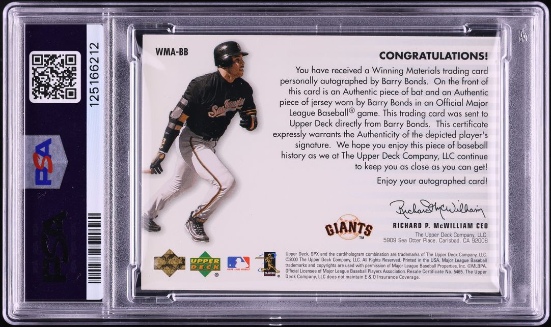 2000 SPx Winning Materials Barry Bonds PATCH AUTO /25 #WMA-BB PSA 8 NM-MT  on Fanatics Collect