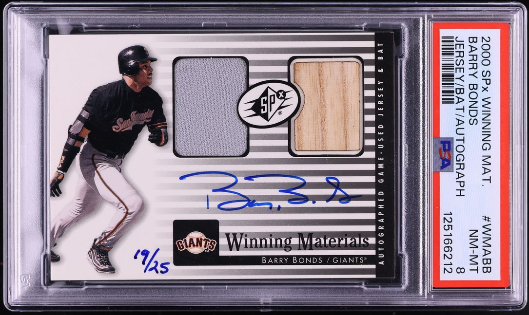 2000 SPx Winning Materials Barry Bonds PATCH AUTO /25 #WMA-BB PSA 8 NM-MT  on Fanatics Collect