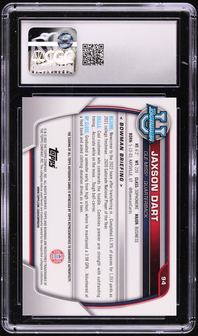 2022 Bowman Chrome University Jaxson Dart ROOKIE AUTO #94 CGC 9 MINT