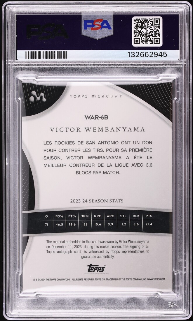 2023 Topps Mercury French Victor Wembanyama ROOKIE PATCH AUTO /75 #WAR-6B PSA 8 NM-MT