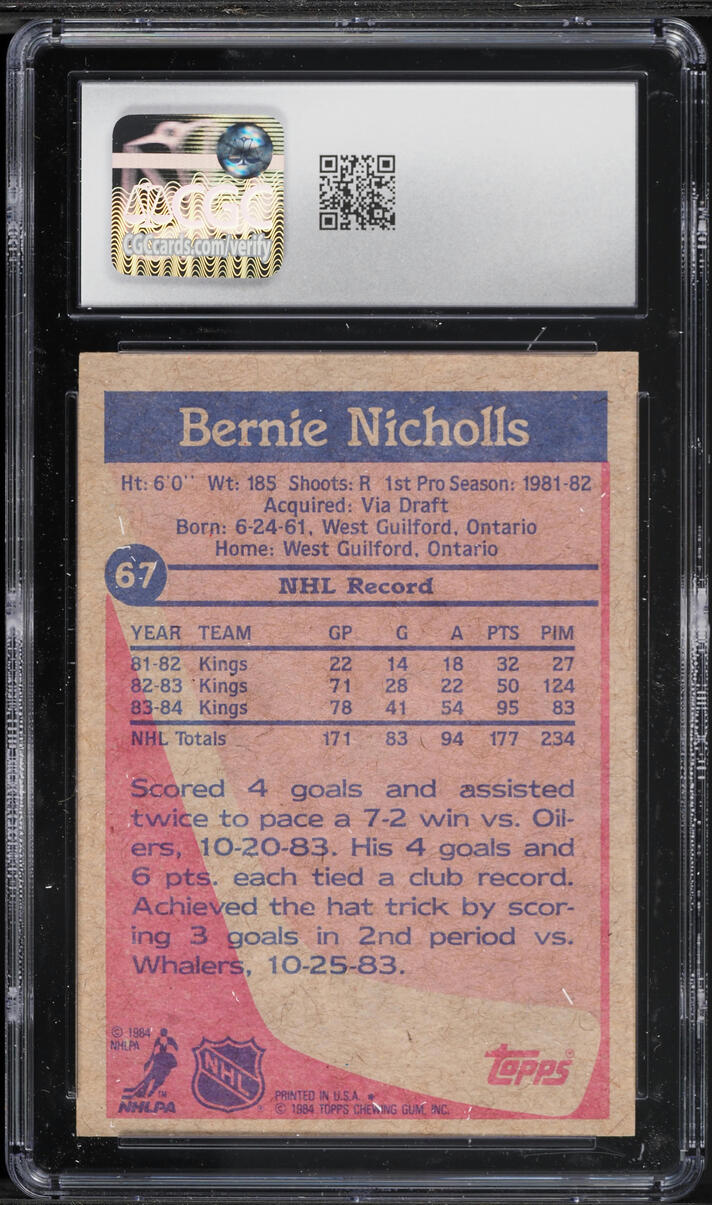 1984 Topps Hockey Bernie Nicholls #67 CGC 8 NM-MT