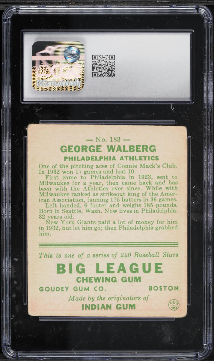 1933 Goudey George Walberg #183 CGC 3.5 VG+