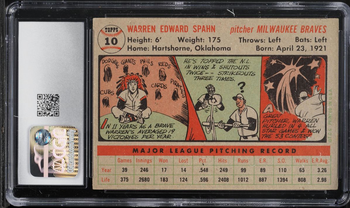 1956 Topps Warren Spahn #10 CGC 3.5 VG+