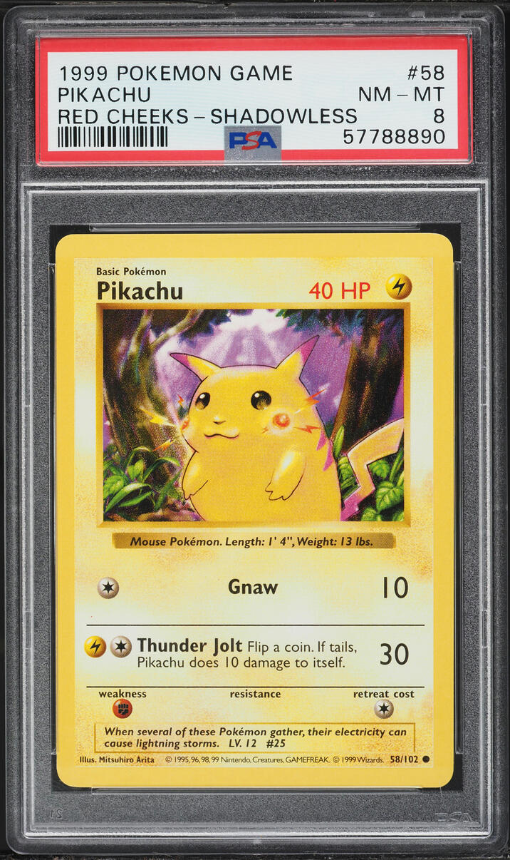 1999 Pokemon Base Set Shadowless Red Cheeks Pikachu #58 PSA 8 NM-MT