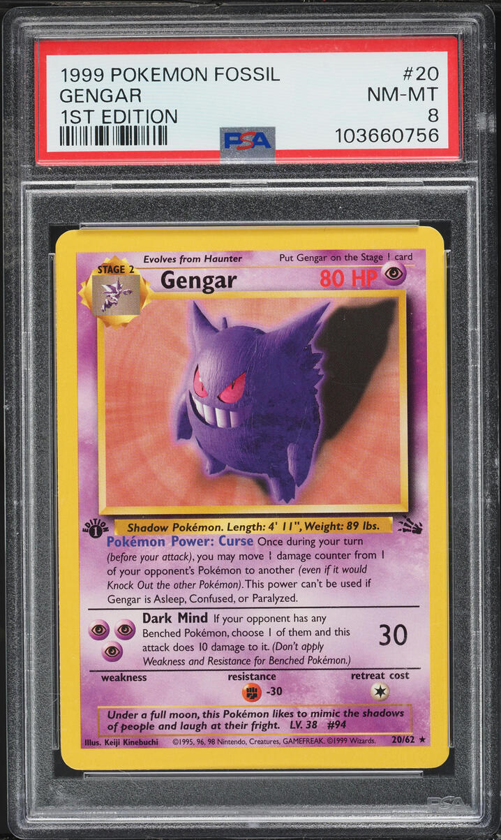 1999 Pokemon Fossil 1st Edition Gengar #20 PSA 8 NM-MT