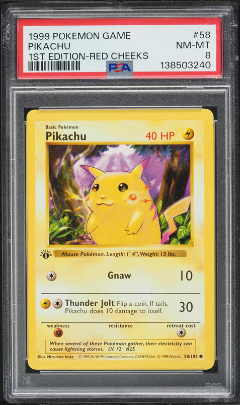 1999 Pokemon Base Set Shadowless 1st Edition Red Cheeks Pikachu #58 PSA 8 NM-MT