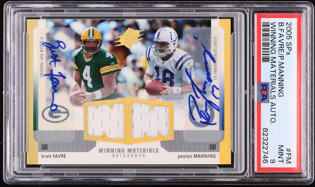 2005 SPx Winning Materials Peyton Manning & Brett Favre PATCH AUTO JSY # 4/25 PSA 9 MINT