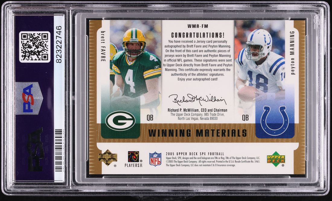 2005 SPx Winning Materials Peyton Manning & Brett Favre PATCH AUTO JSY # 4/25 PSA 9 MINT