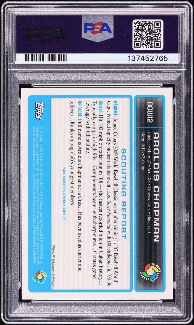 2009 Bowman Chrome World Baseball Classic Aroldis Chapman PROSPECT #BCW12 PSA 10 GEM MINT